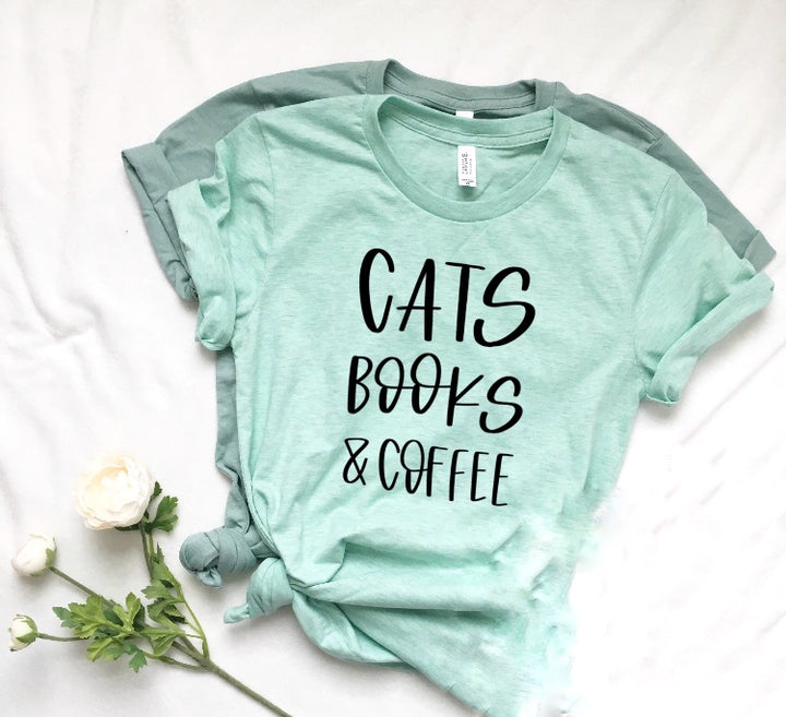 Cats Books & Coffee Mint Green T-Shirt