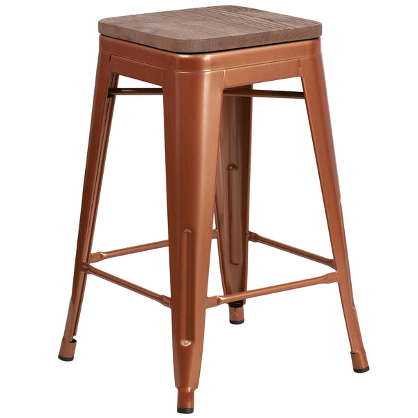 Copper Bar Stool with Wooden Seat