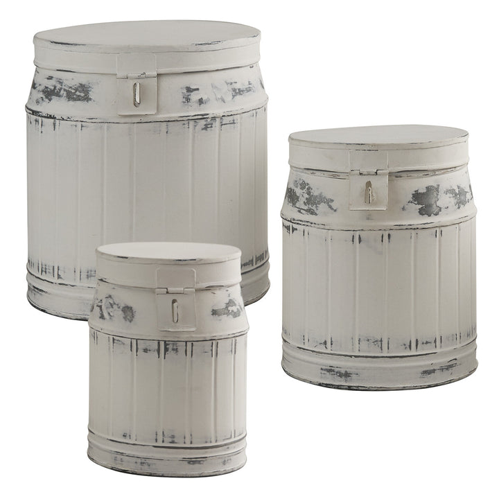 distressed white metal canister set