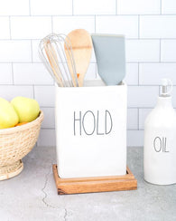 Rae Dunn Utensil Crock with Tablet Holder and Wood Tray