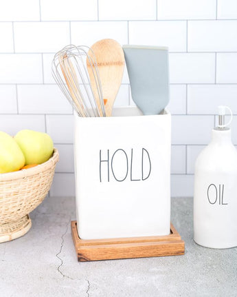 Rae Dunn Utensil Crock with Tablet Holder and Wood Tray