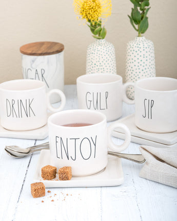 RAE DUNN ARTISAN CUP + SAUCERS, SET OF 4