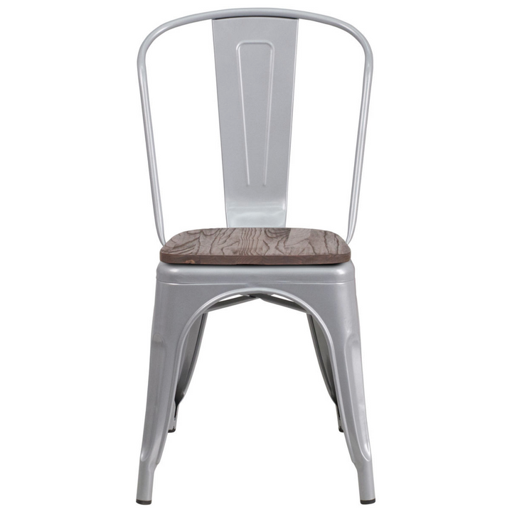 Silver Metal Stackable Tolix Farmhouse Chair with Wood Seat