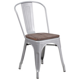Silver Metal Stackable Tolix Farmhouse Chair with Wood Seat