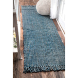 Hand Woven Chunky Loop Jute Rug, Runner, Farmhouse decor, natural fibers, blue, floor covering