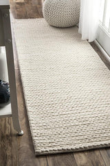 Hand Woven Chunky Woolen Cable Rug Off White Braided Floor Covering Farmhouse Decor