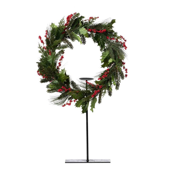 Pine and Holly Wreath on Candle Stand